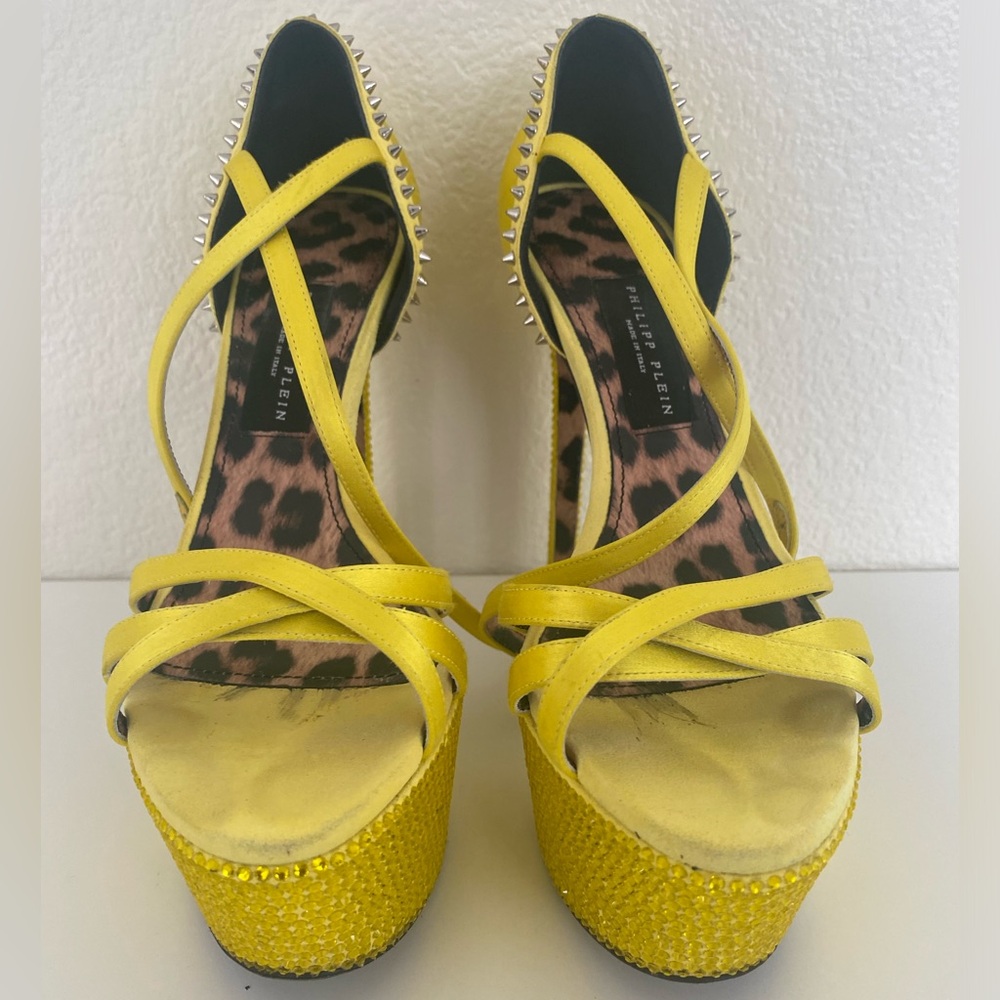 Philipp Plein Yellow Embellished Satin Platform Sandals US 6.5/ EU 37